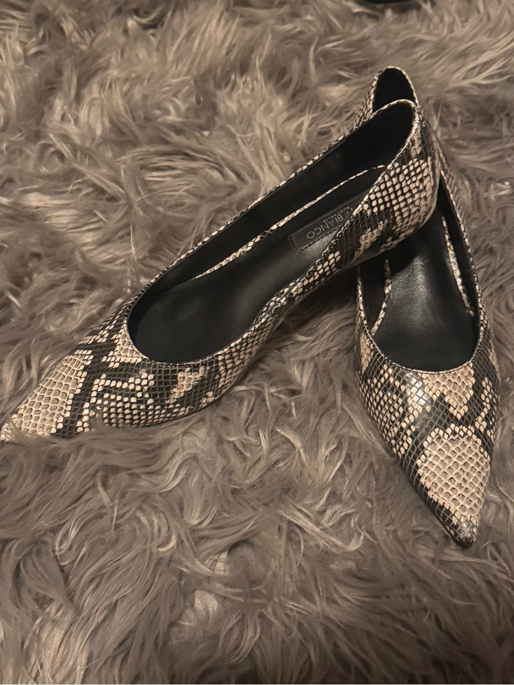 Pointed Toe Snake-Print Flats - Black & Cream